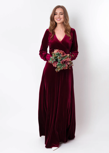 Burgundy Winter Velvet Long Dress Long Sleeves Bridesmaid Dress Wedding Guest Dress