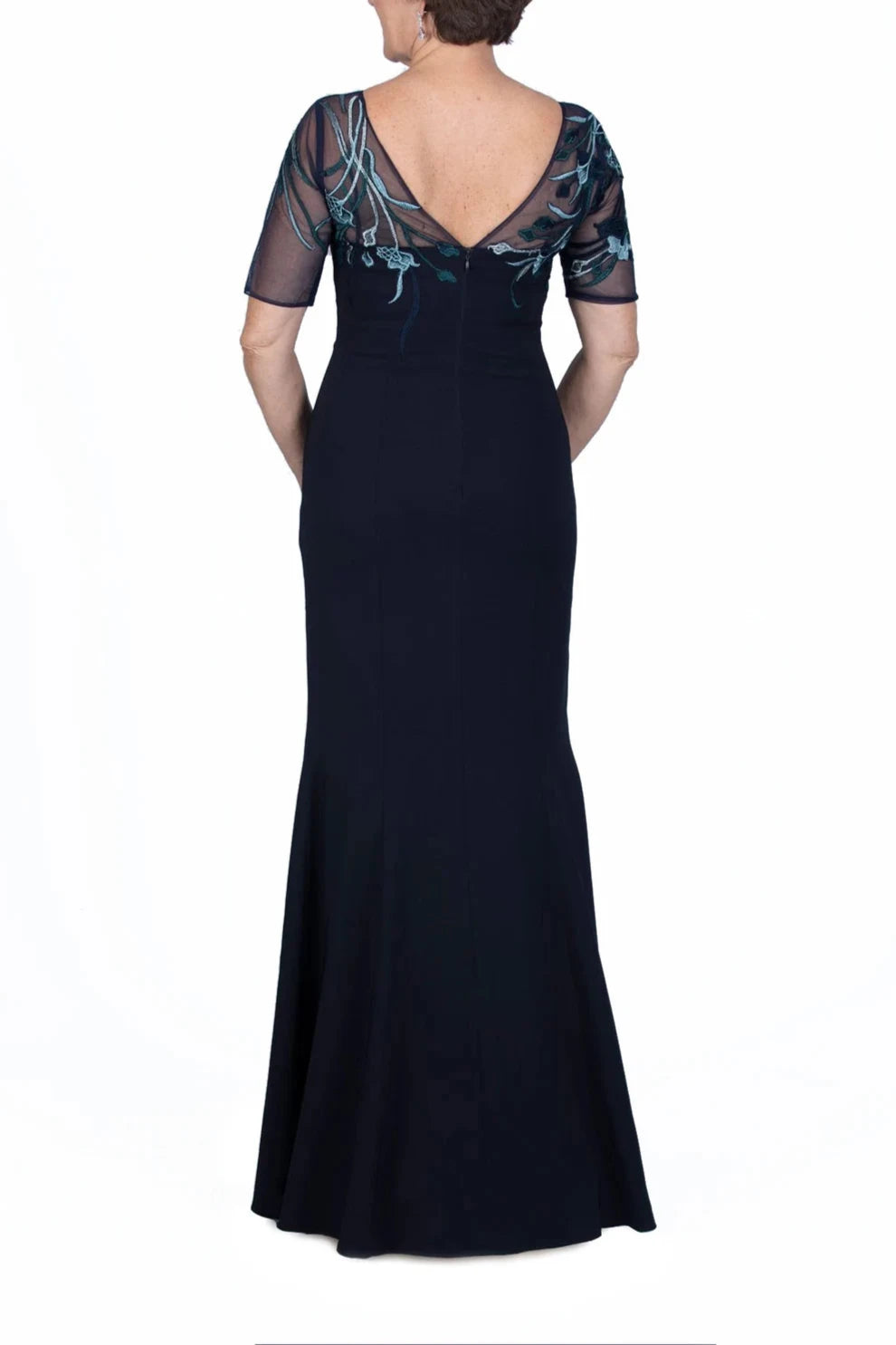 Navy Mermaid Illusion Neckline Mother of the Bride Dresse With Applique