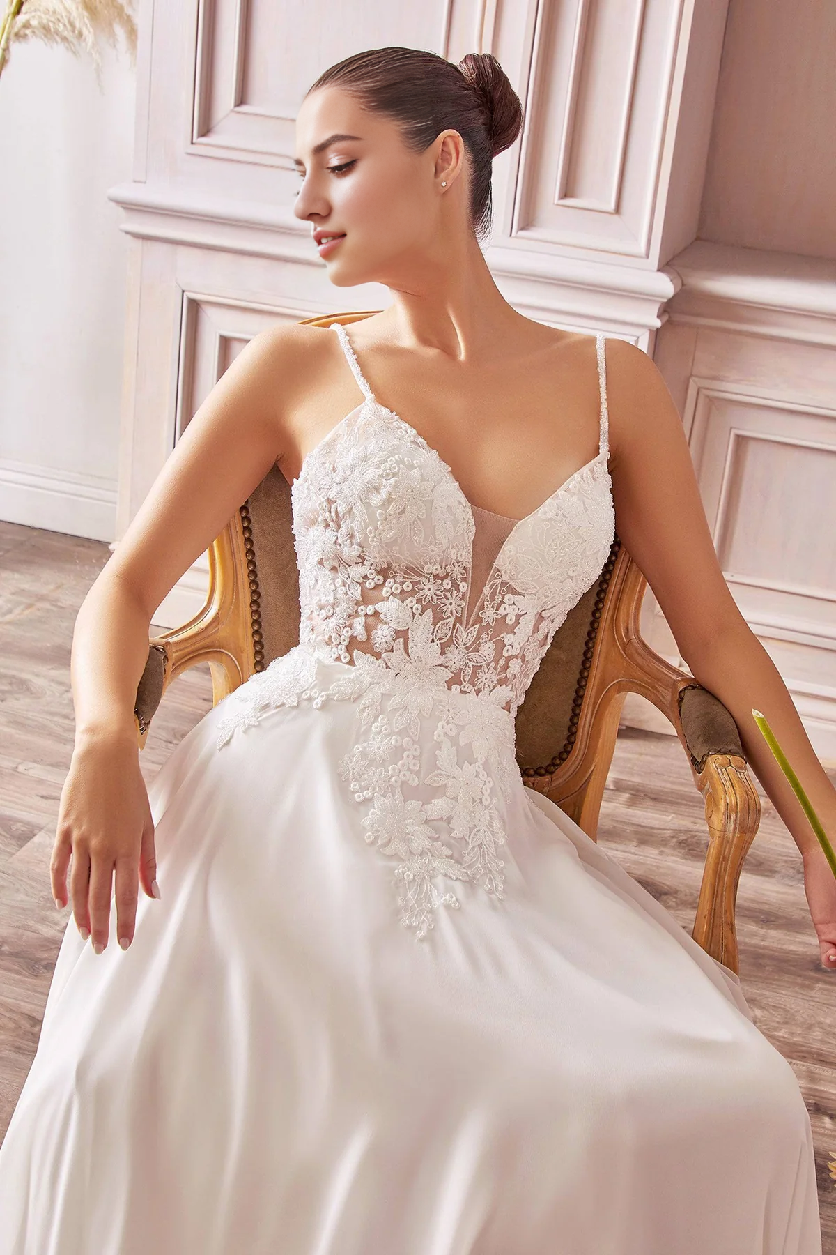 Elegant Wedding Dress V-Neck Lace Gown with Sheer Bodice and Long Flowy Dress