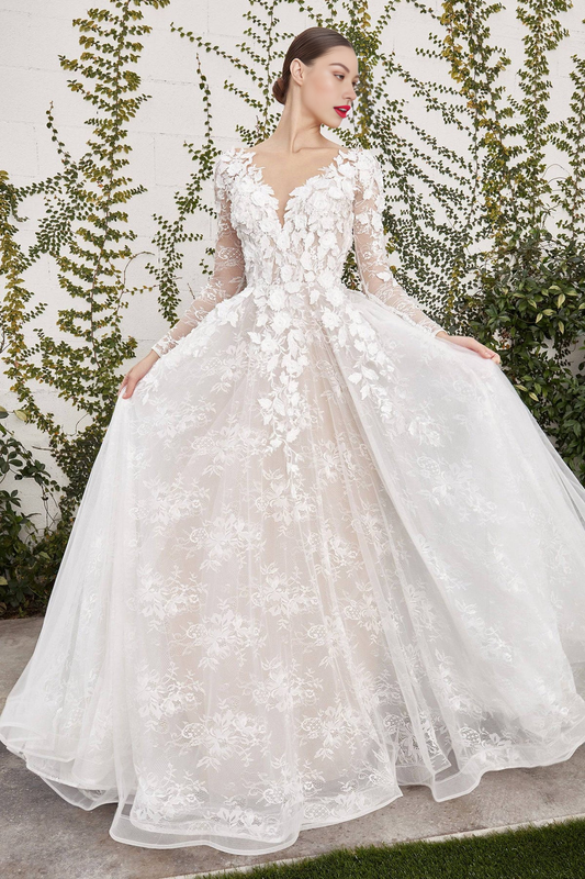 Long Sleeve Lace V-Neck Tulle Floral Wedding Dress with Flowing Train