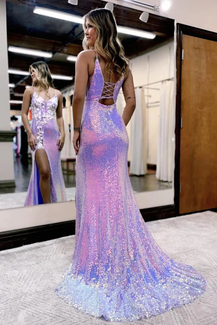 Charming Mermaid V Neck Lavender Sequins Long Prom Dresses with Appliques