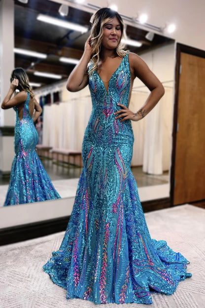 Mermaid V Neck Blue Sequin Lace Long Prom Dresses