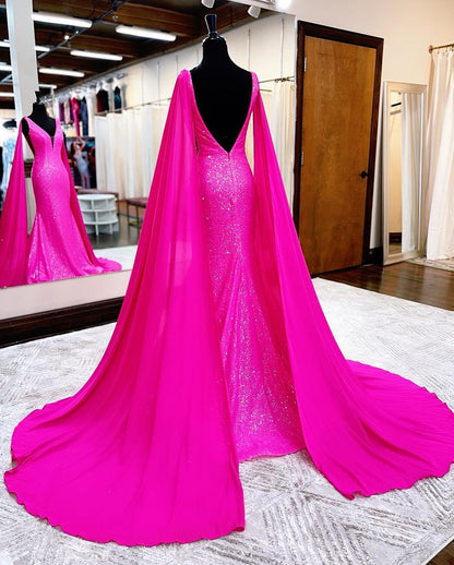 Hot Pink Mermaid Sparkly Sequins Prom Dresses