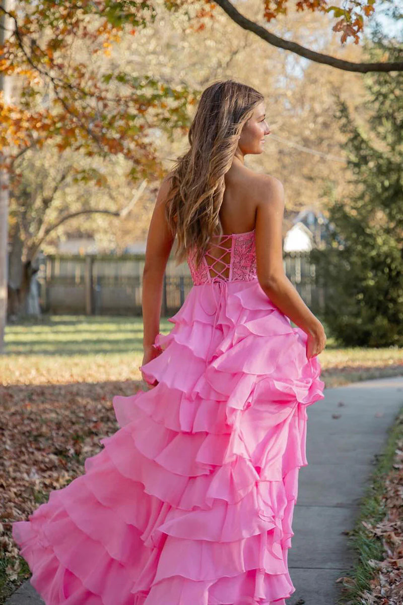 Pink Sweetheart Tiered A-Line Long Prom Dress with Appliques