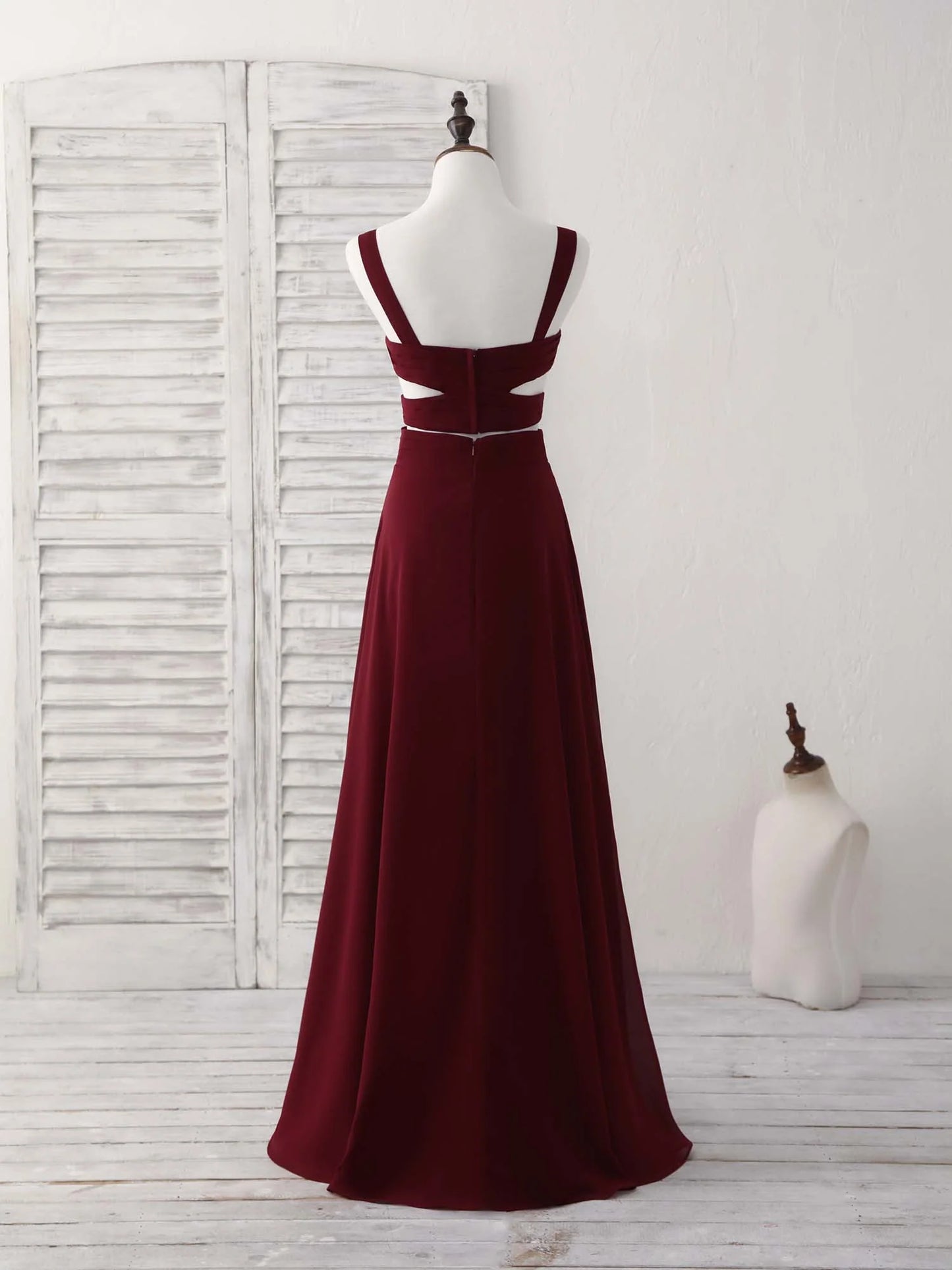 Burgundy Two Pieces Chiffon Long Prom Dress Bridesmaid Dress