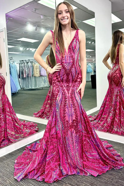 Grape V Neck Sequin Lace Mermaid Long Prom Dresses