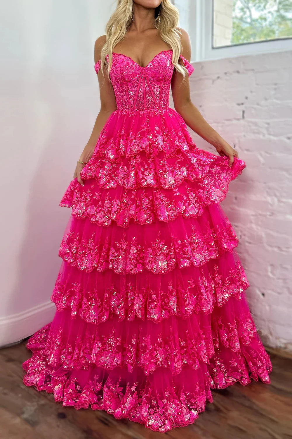 Glitter Hot Pink Corset Off the Shoulder Lace Long Prom Dress