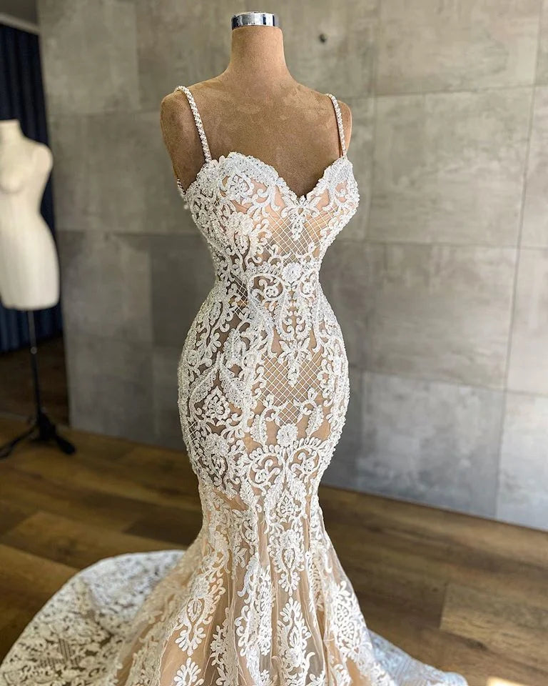 Mermaid Spaghetti-Straps Lace Sleeveless Wedding Dress