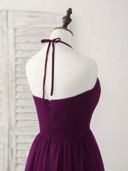 Simple Tulle A-Line Purple Long Prom Dress Halterneck Floor-length Bridesmaid Dress