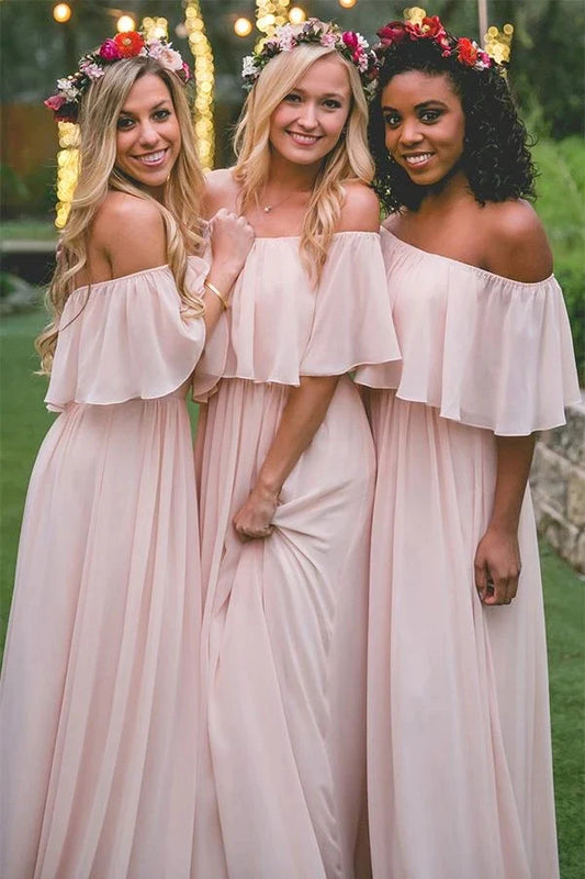 Off-the-shoulder Pastel Pink Ruffles Long Chiffon Bridesmaid Gowns,Floor-length Prom Dresses