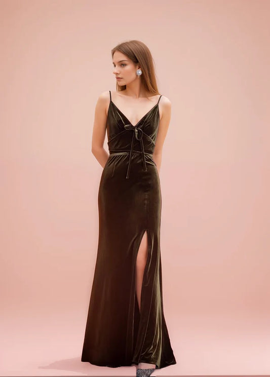 Spaghetti-straps bow design fit and flare long Velvet Dress Side Slit