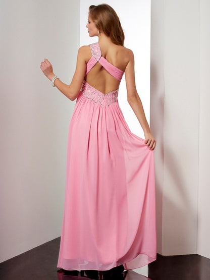 A-Line/Princess One-Shoulder Sleeveless Beading Long Chiffon Dresses