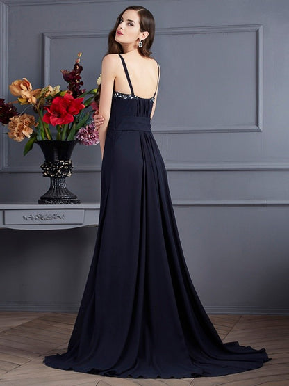 A-Line/Princess Spaghetti Straps Sleeveless Beading Long Chiffon Dresses