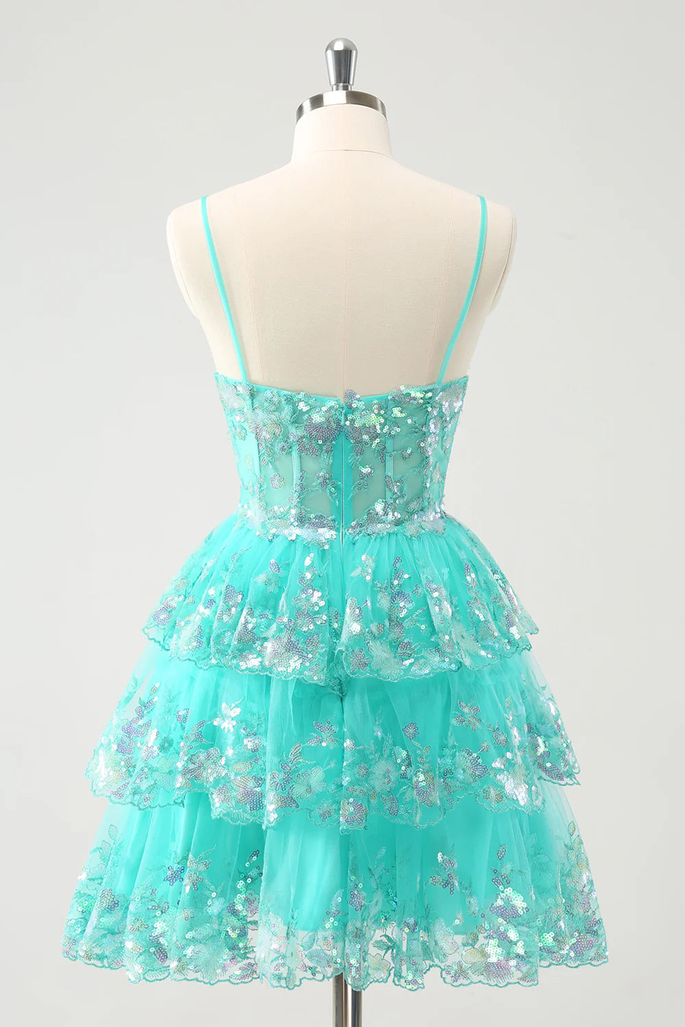 A-Line Sparkly Spaghetti Straps Tiered Homecoming Dress with Sequins