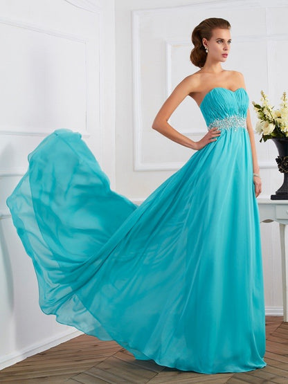 A-Line/Princess Sweetheart Sleeveless Beading Long Chiffon Dresses