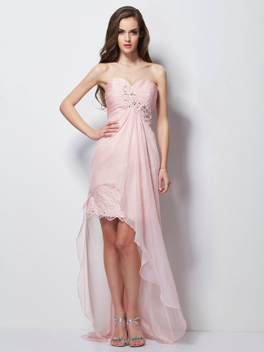 A-Line/Princess Sweetheart Sleeveless Beading Applique High Low Chiffon Dresses
