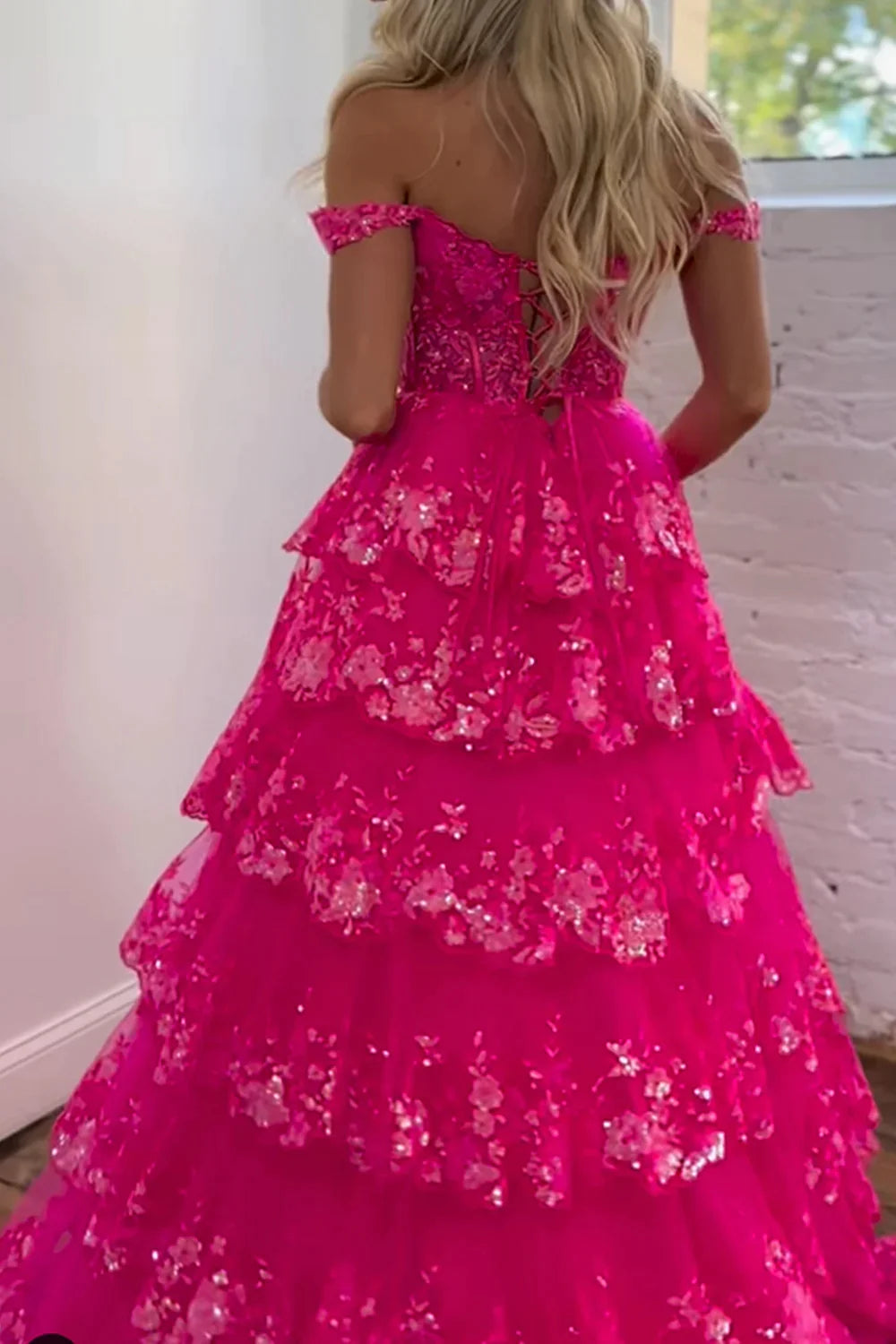 Glitter Hot Pink Corset Off the Shoulder Lace Long Prom Dress