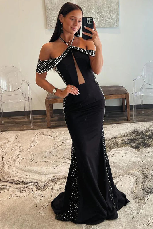 Black Halter Satin Mermaid Long Prom Dresses with Beading