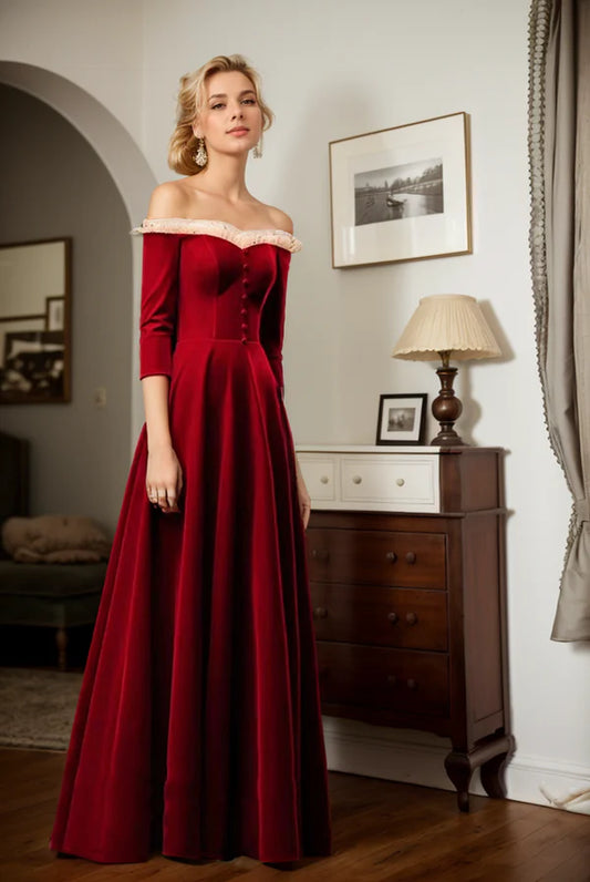 Vintage Ruffled tulle Off-the-shoulder 3/4 long sleeves Velvet Dress