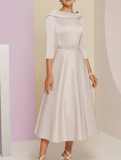 A-Line Mother of the Bride Dress Wedding Guest Tea Length Satin 3/4 Length Sleeve with Beading