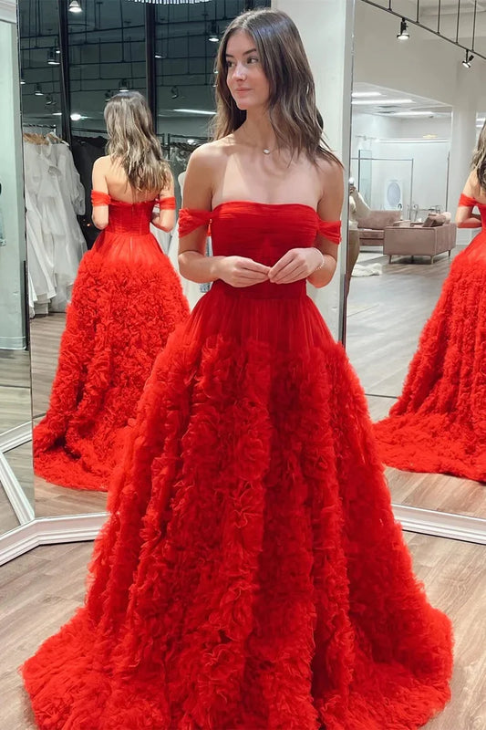 Off-the-Shoulder Red Ruffle Long Prom Dress with Slit