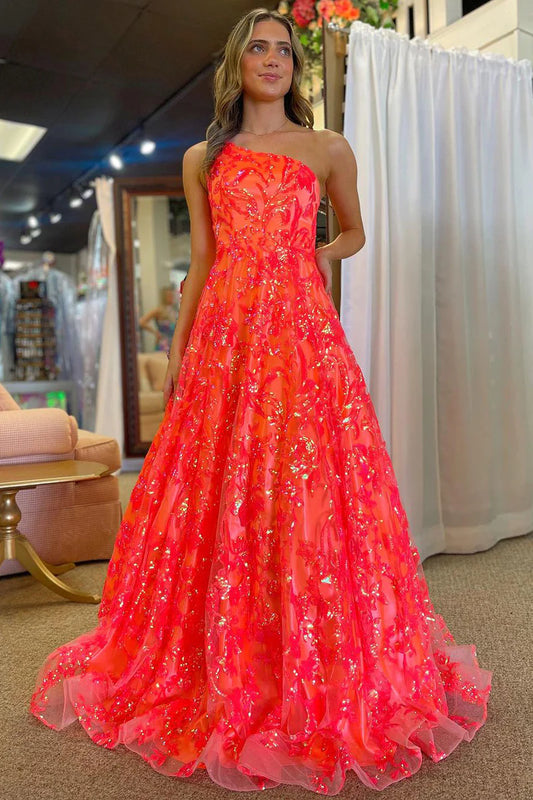 A-Line One Shoulder Sequin Lace Long Prom Dresses