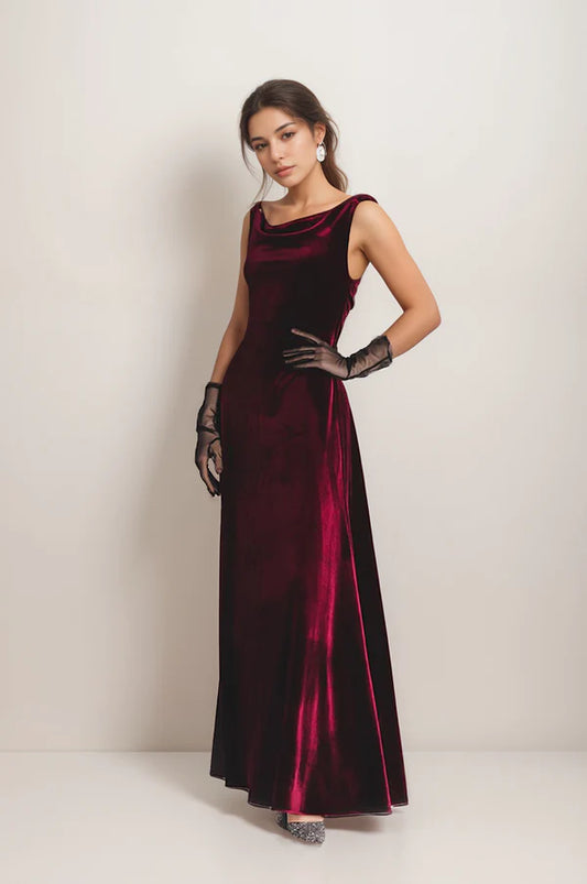 Elegant Back Design draped neck Hepburn Style long Velvet Dress