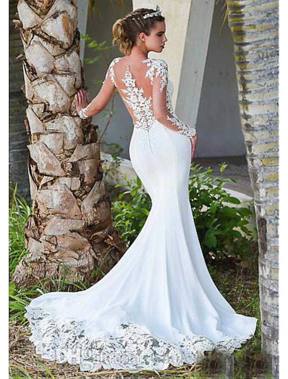 Engagement Open Back Formal Fall Wedding Dresses Mermaid / Trumpet Illusion Neck Long Sleeve Court Train Lace Bridal Gowns With Appliques Summer Wedding Party Women's Clothing