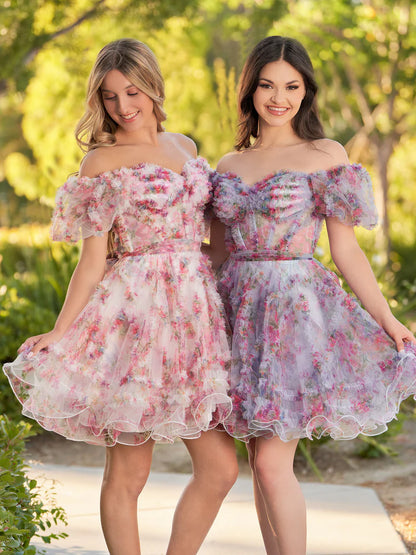 A Line Off the Shoulder Printed Tulle Short Homecoming Dress