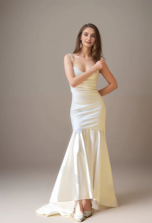 Goddess Style Pearl Beaded Spaghetti-straps Mermaid Satin wedding dress small train