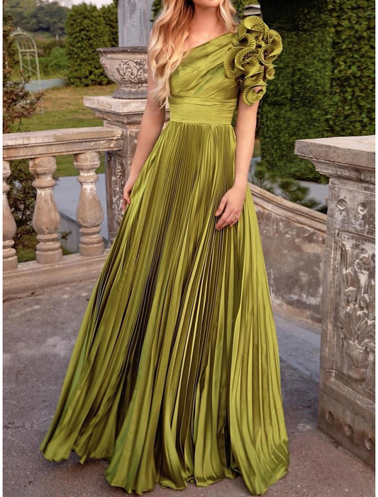 A-Line Evening Gown Formal Wedding Guest Floor Length Sleeveless One Shoulder with Pleats Shouder Flower