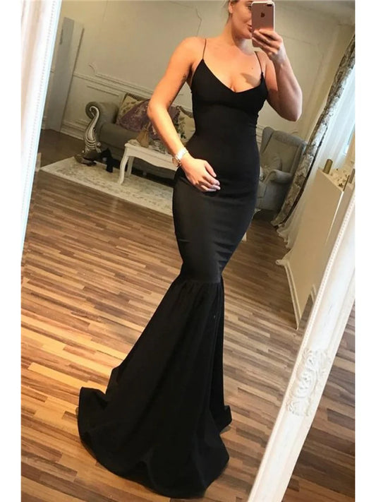 Black Spaghetti-Straps Mermaid Prom Dress Long Online Evening Dresses