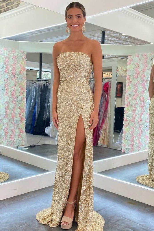 Gold Sequin Strapless Backless Mermaid Prom Dress