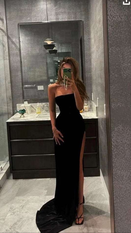 Simple Black Prom Dress With High Split Strapless Sexy Prom Dresses