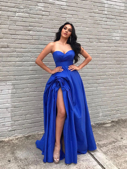 Simple Royal Blue Satin Long Homecoming Dress Evening Dress With Slit