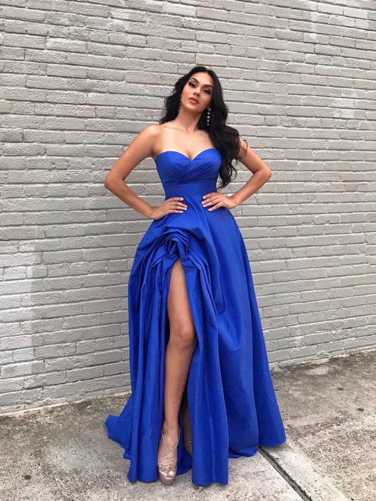 Simple Royal Blue Satin Long Homecoming Dress Evening Dress With Slit