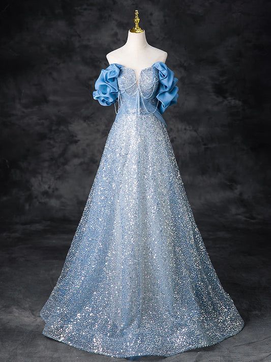 A-Line Off Shoulder Sequin Beads Blue Long Prom Dress