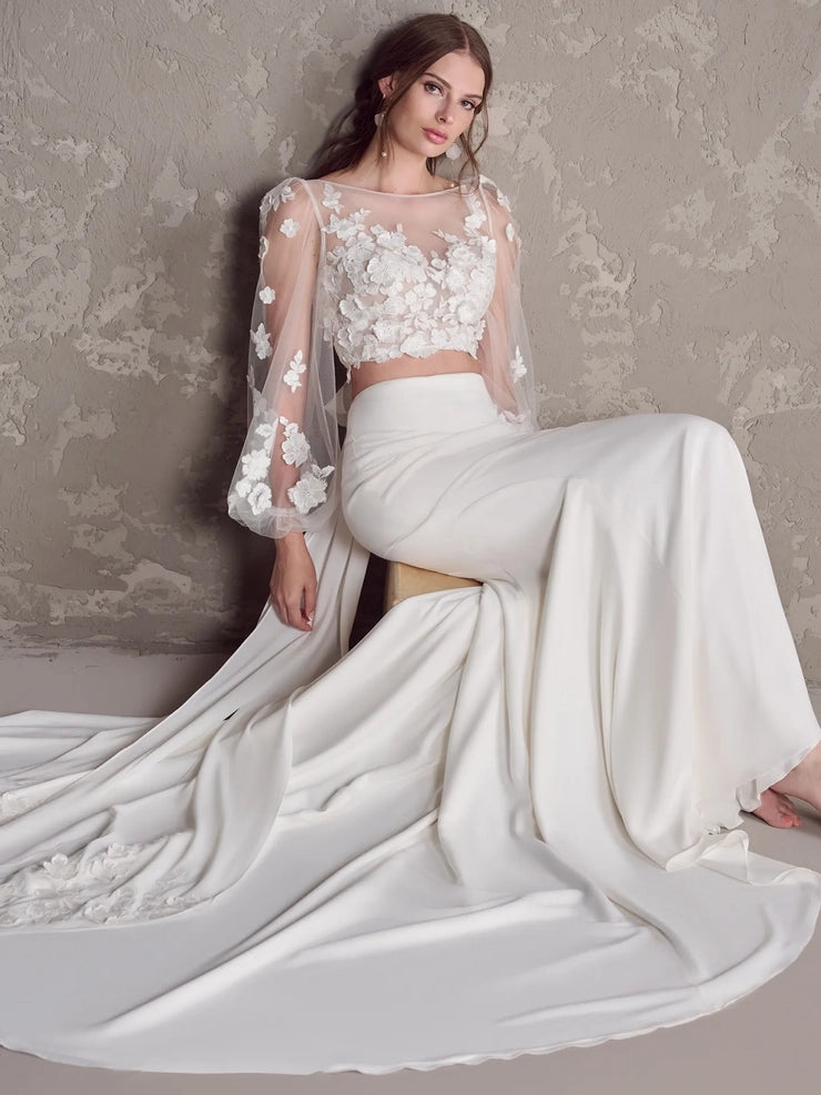 Crepe and lace two-piece bohemian wedding gown with illusion bodice and keyhole back