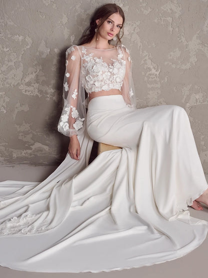 Crepe and lace two-piece bohemian wedding gown with illusion bodice and keyhole back