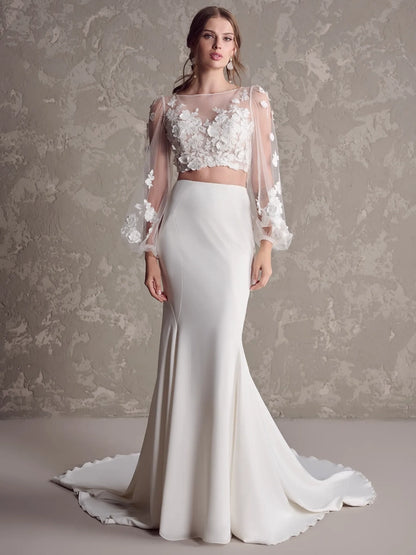 Crepe and lace two-piece bohemian wedding gown with illusion bodice and keyhole back