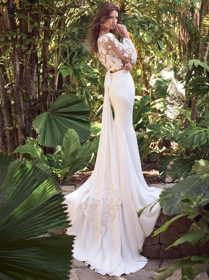 Crepe and lace two-piece bohemian wedding gown with illusion bodice and keyhole back