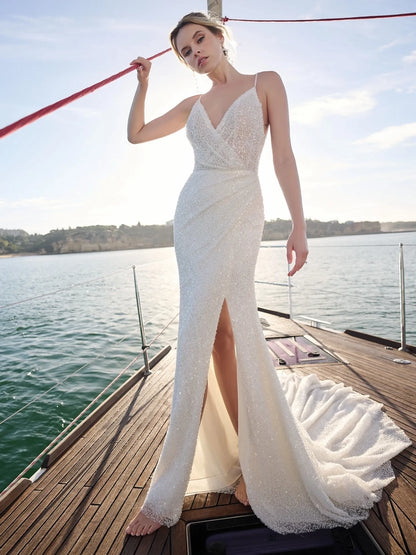 Sexy beaded wedding gown with a plunging V-neck