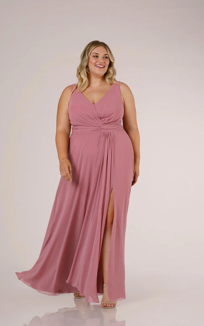 V-Neckline Wrapped Bridesmaid Dress with Skirt Slit