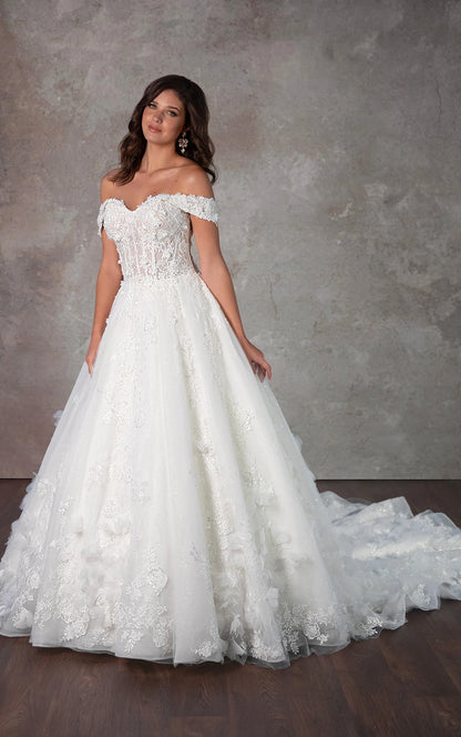 Romantic Floral Lace Off-the-Shoulder Ballgown Wedding Dress with Sweetheart Neckline