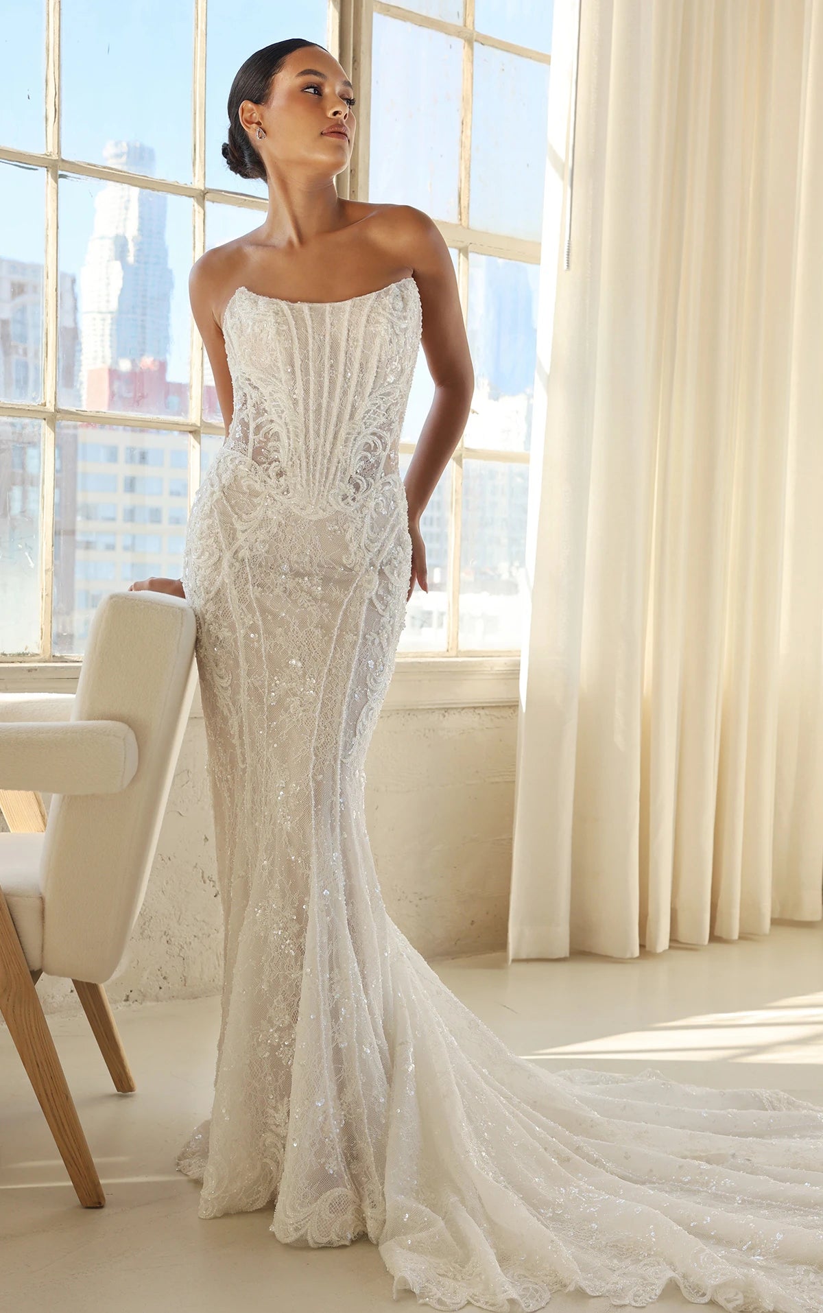 Modern Art Deco Sparkling Lace Fit-and-Flare Wedding Dress