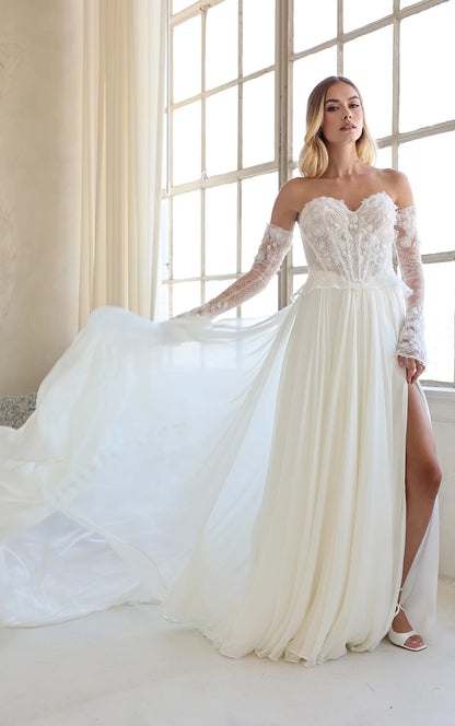 Romantic Strapless A-Line Wedding Dress with Detachable Off-the-Shoulder Sleeves