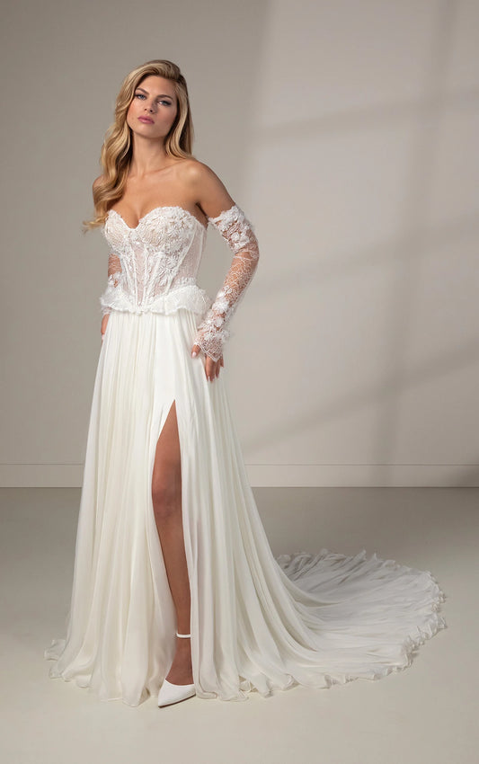 Romantic Strapless A-Line Wedding Dress with Detachable Off-the-Shoulder Sleeves