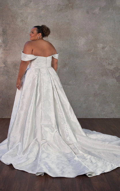 Off-the-Shoulder Plus Size Satin A-Line Wedding Dress with Pockets