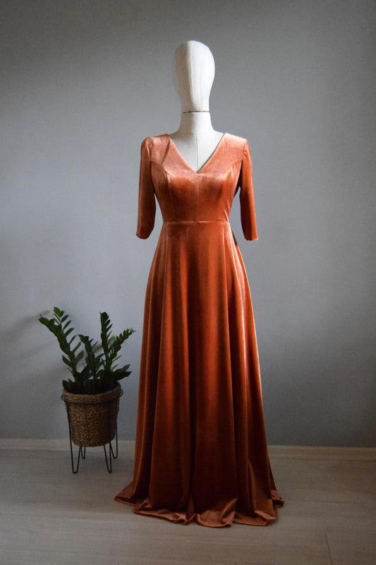 Velvet 3/4 Sleeve Bridesmaid Dress Rust Deep V Neck Line Open Back Wedding Party Mother Of Bride Dress