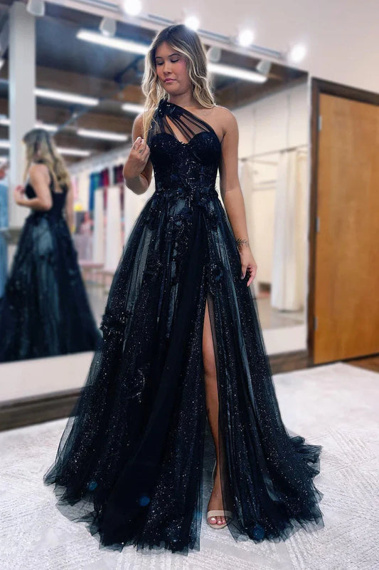 Black One Shoulder Floral Prom Dresses Preppy Prom Dresses 2024